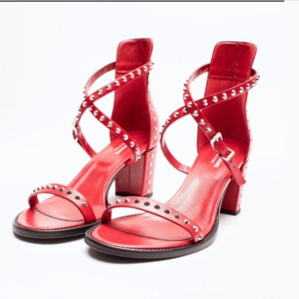 Red Italian Leather Studded Sandals Zadig Voltaire